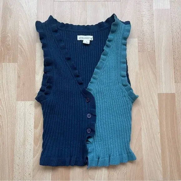 Aeropostale Color blocked Ruffle button-up cropped tank knit top women’s size S - Picture 1 of 7